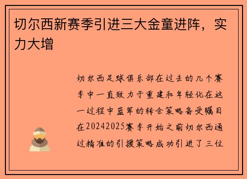 切尔西新赛季引进三大金童进阵，实力大增